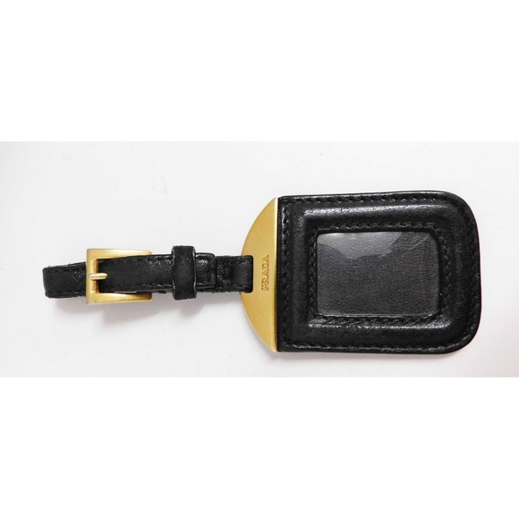 Prada Black Leather Luggage ID Identity Tag Gold Metal Buckle‎ for Bag or Purse - Picture 1 of 4